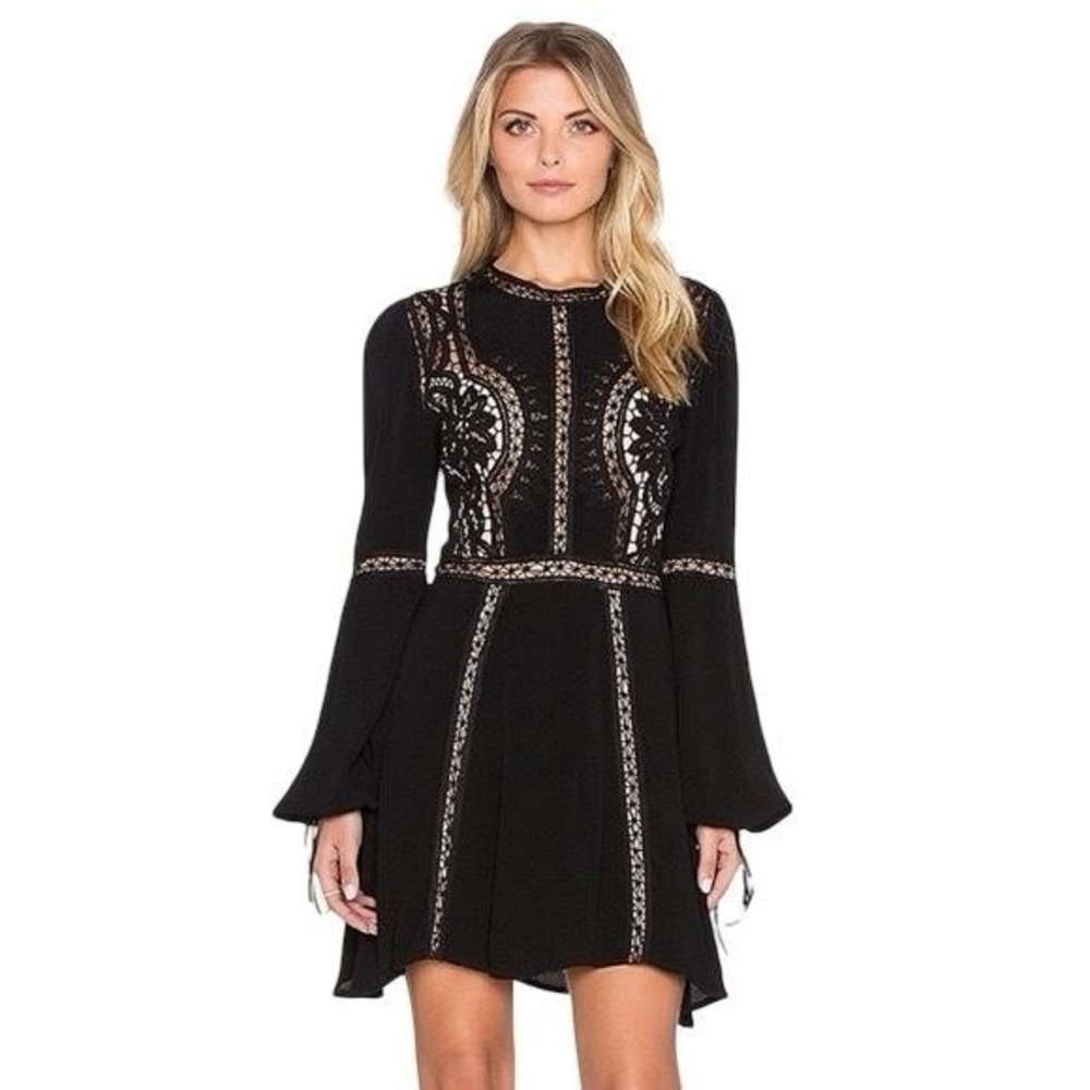 For Love & Lemons Dress Womens XS Black Lace Bell Sleeve Fit Flare Mini Boho